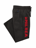 Milbea fleece pants in black with a red vertical logo going down the leg. 