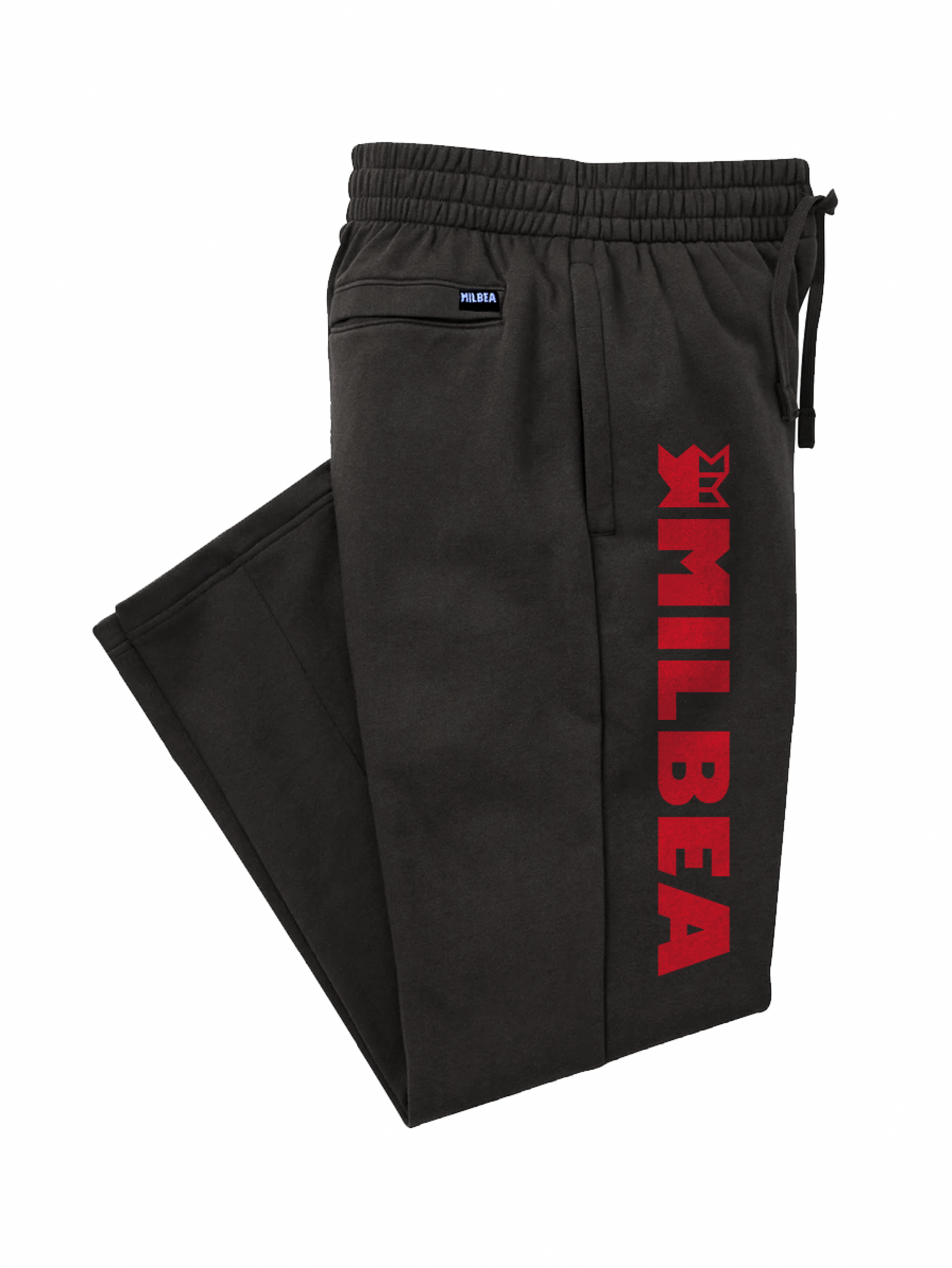 Milbea fleece pants in black with a red vertical logo going down the leg. 