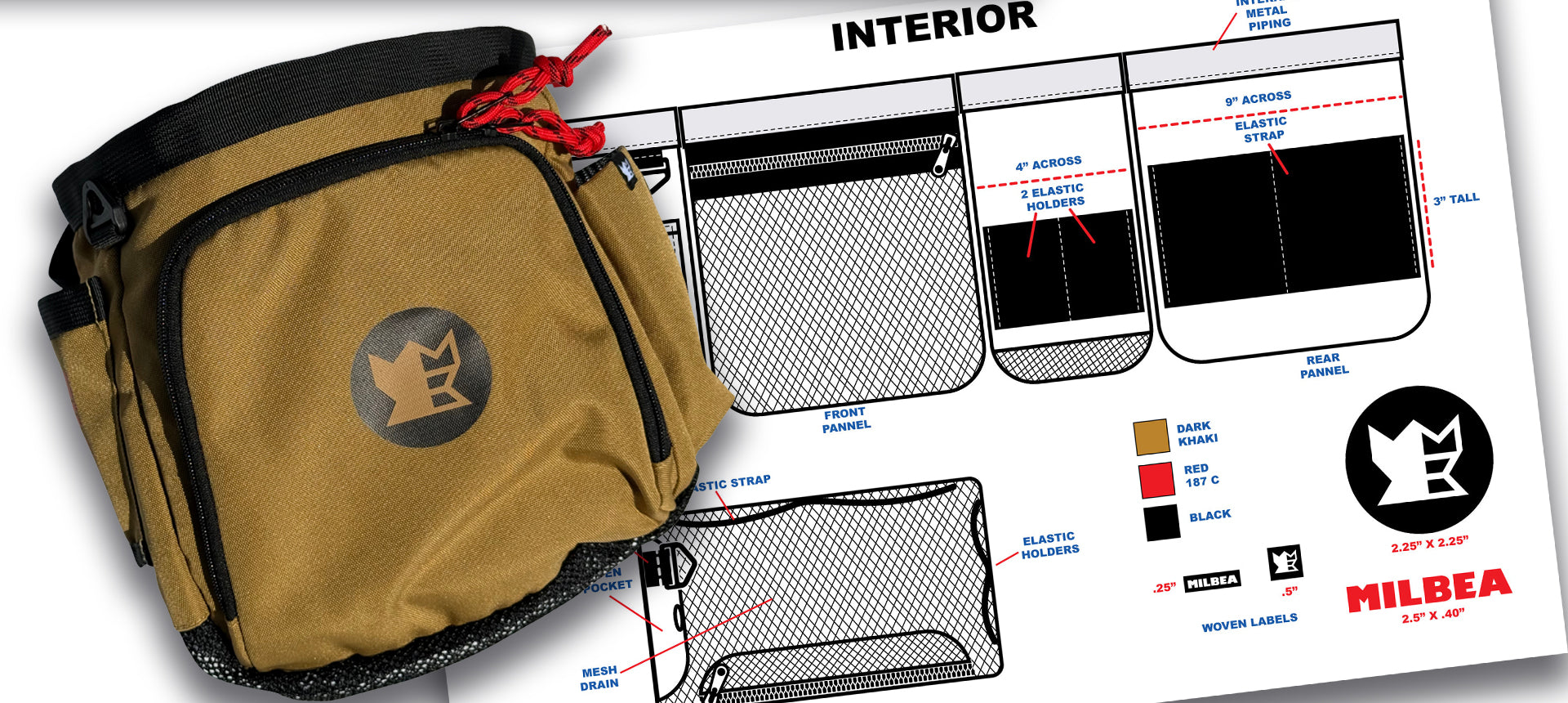 Milbea "ROOK" metal detecting finds bag in Khaki with Red zipper pulls. Comes with a matching sheath.